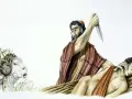 Abraham, a key figure in the Bible, is shown about to sacrifice his son Isaac. A ram caught in thorns is nearby.