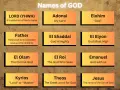 Chart displaying various nombres de dios, including LORD (YHWH), Adonai, Elohim, Father, El Shaddai, El Elyon, El Olam, El Roi, Emanuel, Kyrios, Theos, and Jesus.