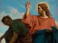 Jesus in the desert, with a devil tempting him from the shadows.