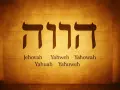 The Hebrew Tetragrammaton, representing who is Yahweh, is shown in large dark letters on a parchment background. Below, variations of the name are listed: Jehovah, Yahweh, Yahowah, Yahuah, Yahuweh.