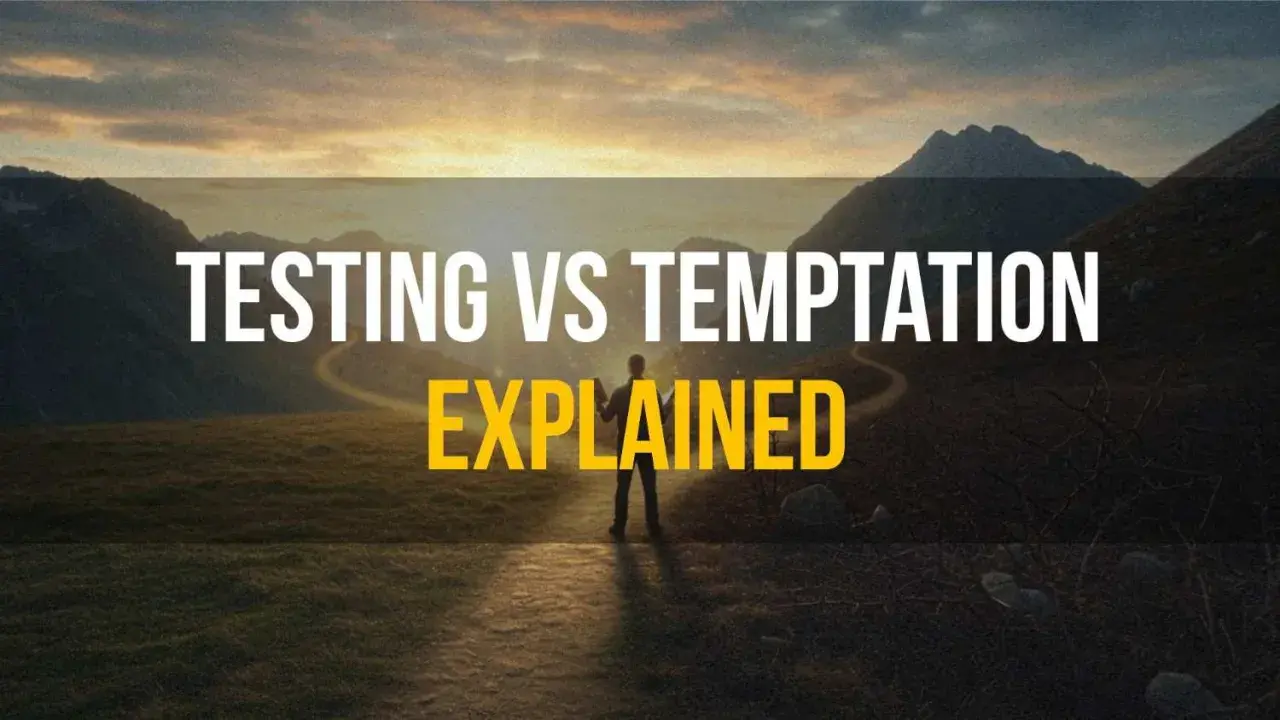 A lone figure stands on a path in a mountainous landscape at sunset, with text overlay: "TESTING VS TEMPTATION EXPLAINED." Does God test us?
