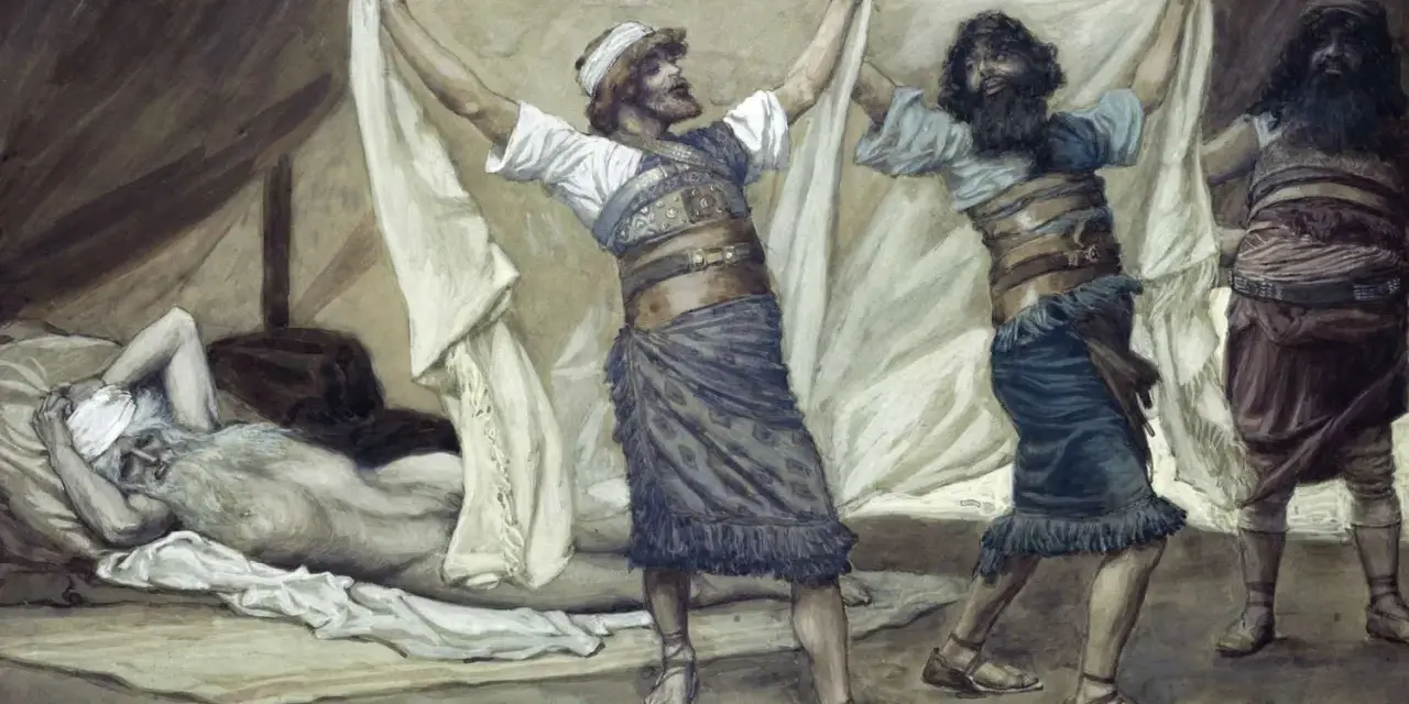 Three sons of Noah, Ham, Shem, and Japheth, cover their father with a cloth as he lies in bed.