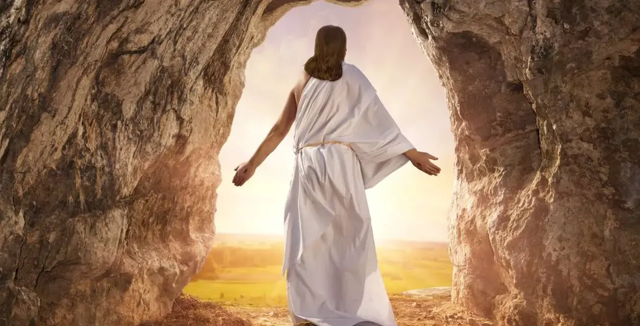 Jesus, who did Jesus raise from the dead? He rose himself, emerging from a cave into the light, a symbol of resurrection and hope.