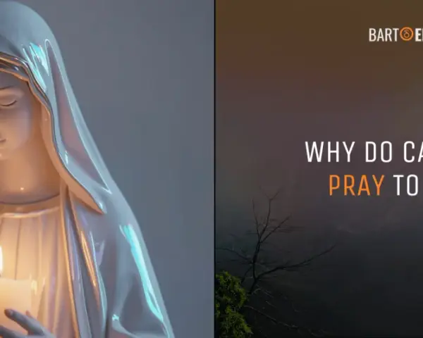 A statue of Mary holds a candle, with text asking "Why do Catholics pray to Mary?