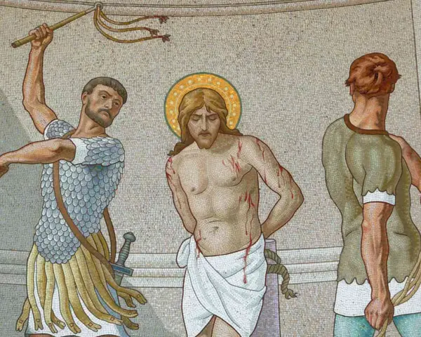 Mosaic depicts Jesus, bleeding from scourging, with two men preparing to inflict more pain. The sangre de cristo is evident.