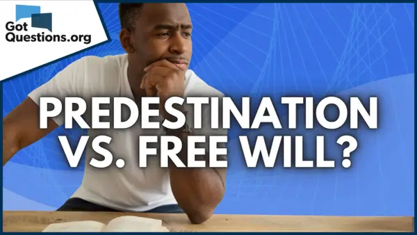 A thoughtful Black man ponders the question of predestination vs. free will, with the words emblazoned across the image.