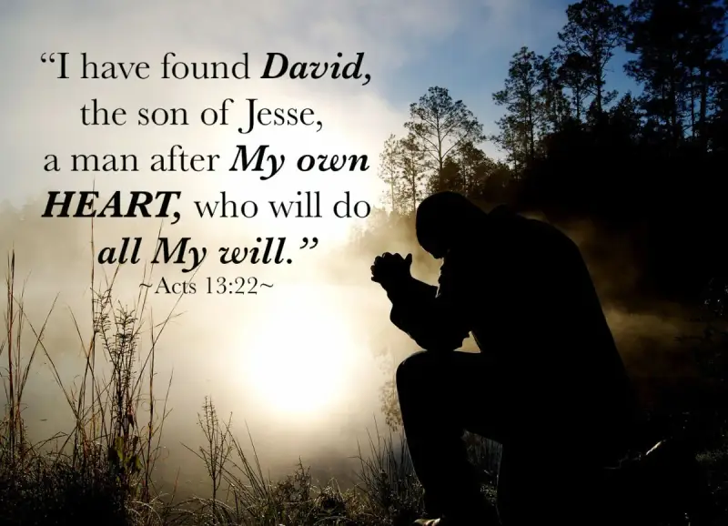 Silhouette of a man praying in a misty forest at sunrise, with text quoting Acts 13:22 about David, a man after God's own HEART.