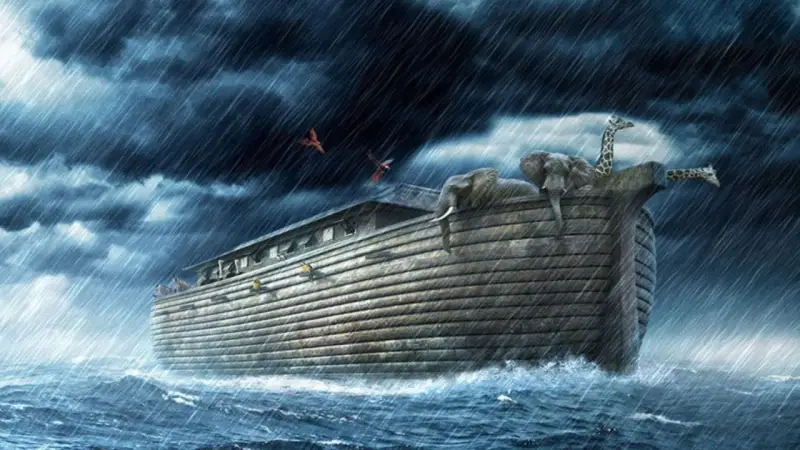 Noah's Ark, laden with animals like elephants and giraffes, braves a torrential downpour. The image evokes the long wait, wondering how long was Noah in the ark during the great flood.