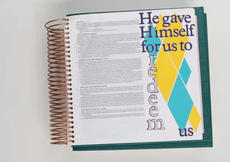 Open Bible with "He gave Himself for us to redeem us" text. Great for bible journaling ideas.