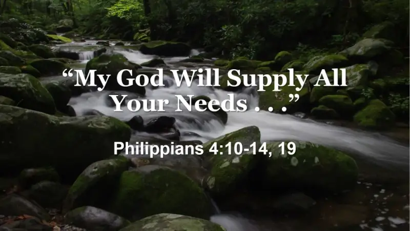 A serene forest stream flows over mossy rocks, with the comforting words "My God Will Supply All Your Needs" overlayed, reminding us of His provision.
